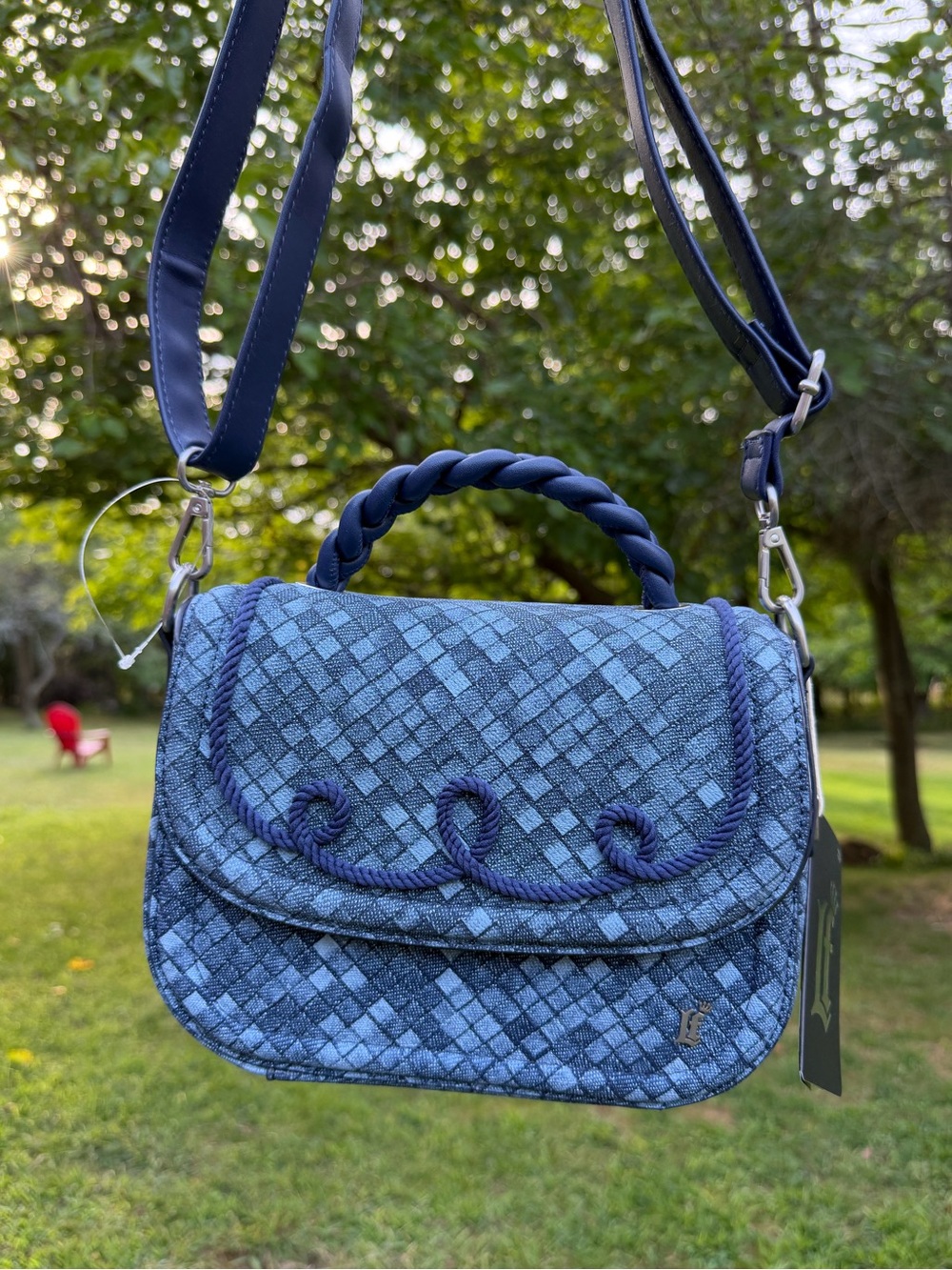 Loungefly Blue Checkered Faux Denim Crossbody Bag Rope Detail NWT
